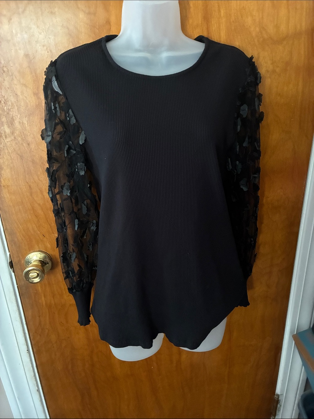 Cynthia Rowley Black Ribbed Top with Sheer Floral Sleeves